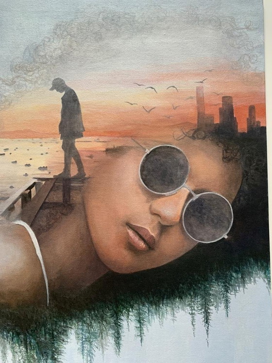 Image 1 of Acryl Auf Platte 50X50 Cm - Handsigniert - L'harmonie entre la ville et la nature