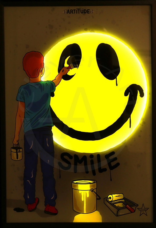 R.F.Art - Smile - Lightbox - Signé à la main - Construction 3D Dans un cadre en bois