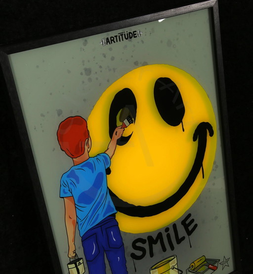 R.F.Art - Smile - Lightbox - Signé à la main - Construction 3D Dans un cadre en bois