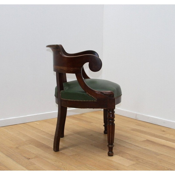 Image 1 of Fauteuil vintage en bois foncé et cuir teinté vert