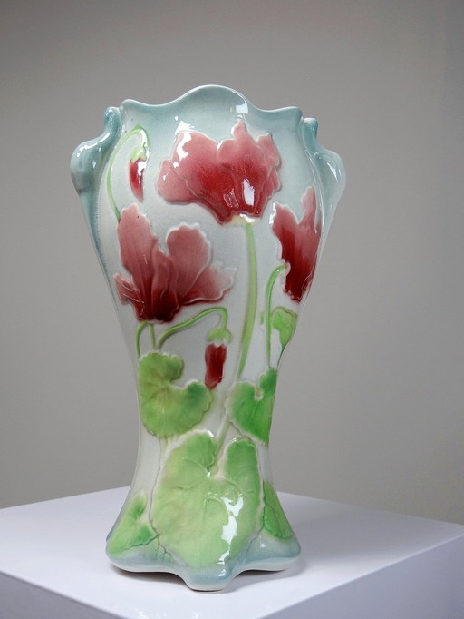 Vase Faïence De St Clément Barbotine Cyclamens Ancien Années 1900-1920