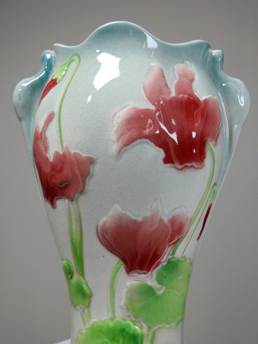 Vase Faïence De St Clément Barbotine Cyclamens Ancien Années 1900-1920