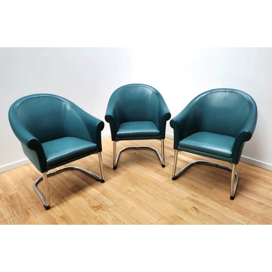 Image 1 of Ensemble de 3 fauteuils en cuir vintage par Slitta Slinan pour Poltrona Frau