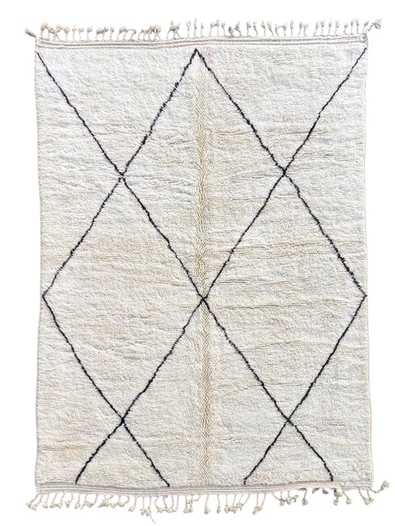 Image 1 of Tapis Beni Ouarain En Laine Naturelle - Design Losanges Noirs