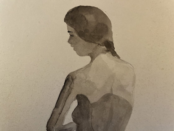 Image 1 of Aquarelle Sépia Portrait Féminin « Jeu D’ombres »