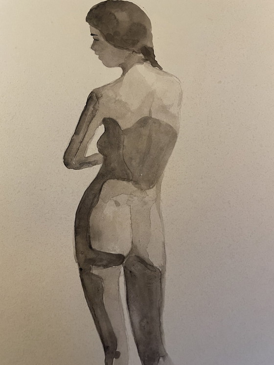 Image 1 of Aquarelle Sépia Portrait Féminin « Jeu D’ombres »