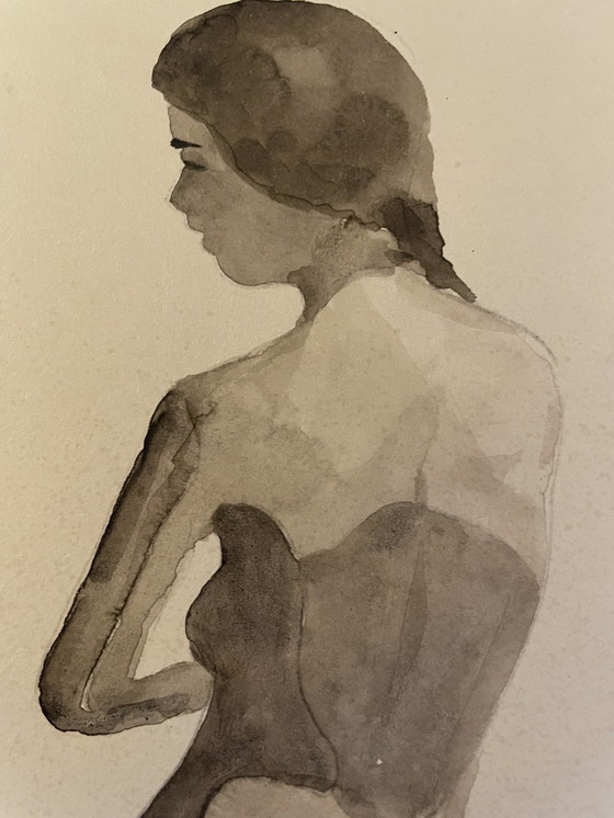Image 1 of Aquarelle Sépia Portrait Féminin « Jeu D’ombres »