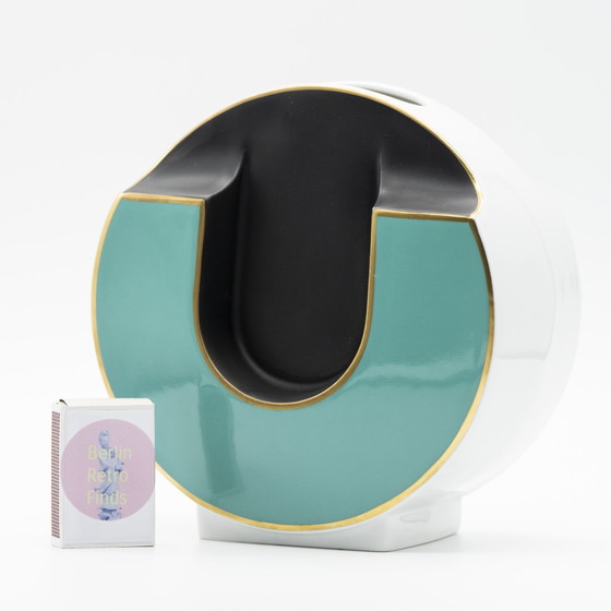Rare Chic Kpm Bavaria Vase Vintage en Porcelaine Brillante & Matte Noir Turquoise Or (photo 9 of 9)