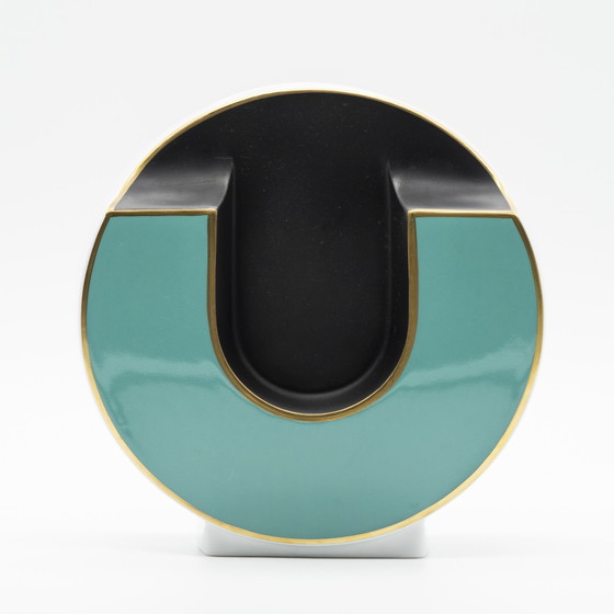 Rare Chic Kpm Bavaria Vase Vintage en Porcelaine Brillante & Matte Noir Turquoise Or (photo 2 of 9)