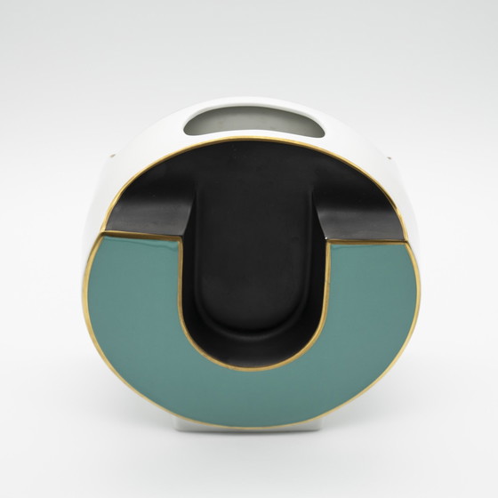Rare Chic Kpm Bavaria Vase Vintage en Porcelaine Brillante & Matte Noir Turquoise Or (photo 4 of 9)