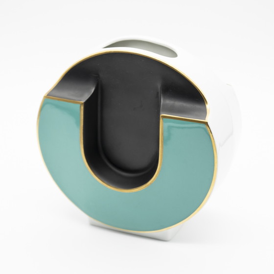 Rare Chic Kpm Bavaria Vase Vintage en Porcelaine Brillante & Matte Noir Turquoise Or (photo 3 of 9)