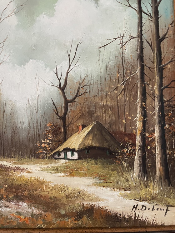 Image 1 of Tableau de ferme avec beau cadre en bois H. Debeuf