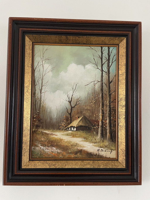 Tableau de ferme avec beau cadre en bois H. Debeuf