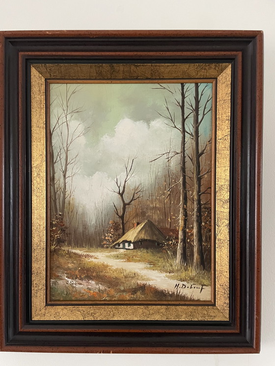 Image 1 of Tableau de ferme avec beau cadre en bois H. Debeuf