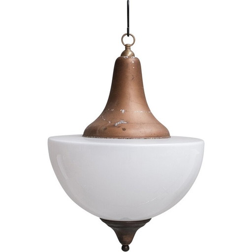 Lampe suspendue vintage en métal et verre opalin, France 1950