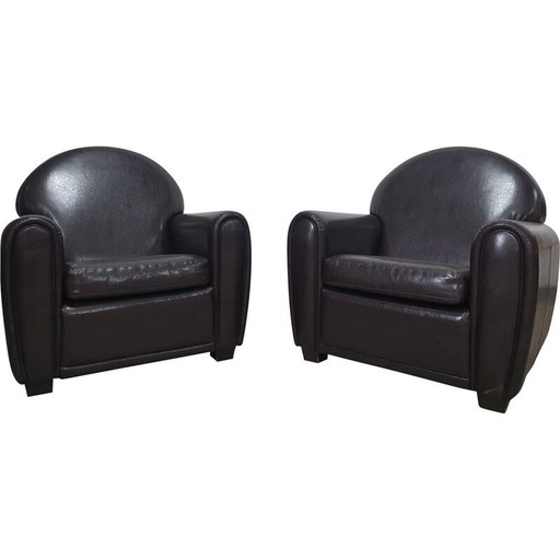 Paire de fauteuils "Club" vintage en cuir noir, Europe 1970