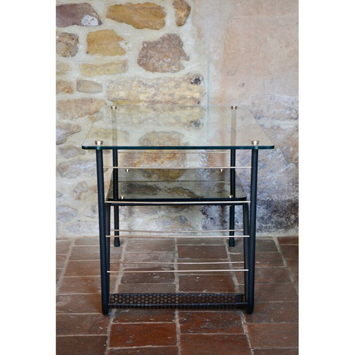 Table basse vintage avec porte-revues en métal et verre, 1950