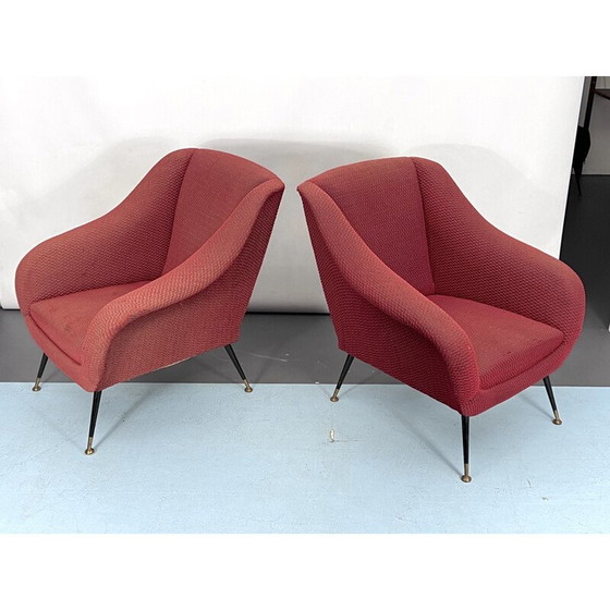 Image 1 of Paire de chaises longues vintage en laiton et tissu par Gigi Radice pour Minotti, Italie années 1950