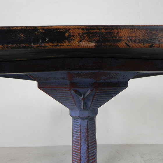 Image 1 of Table de bistrot art déco avec structure en fonte et plateau en pin, années 1930