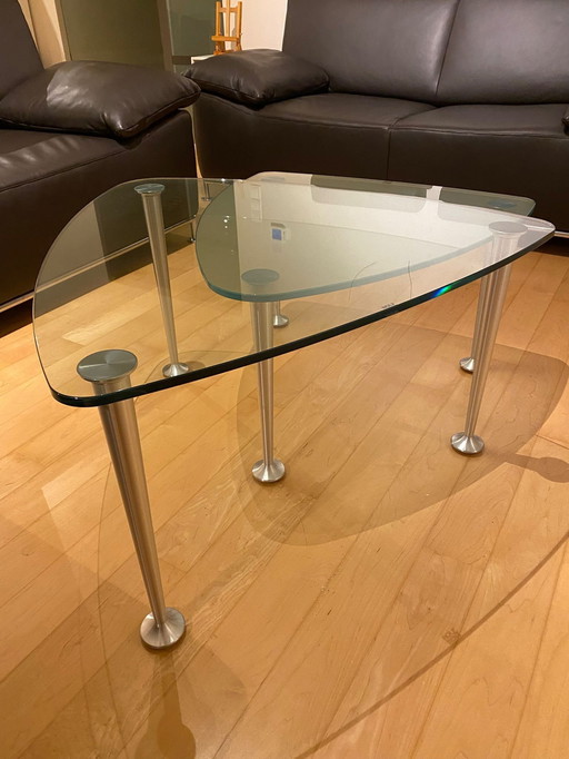 Ensemble de 2 tables basses Rolf Benz en verre/verre laiteux