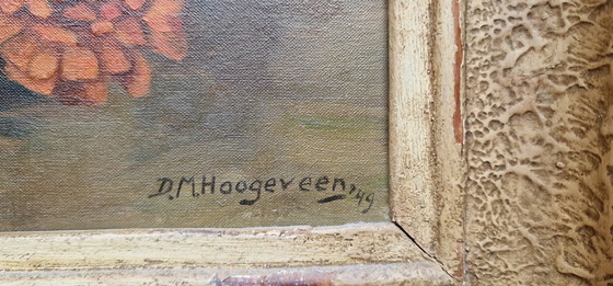 Image 1 of Fleurs en vase - Hortensias, Zinnias & Fleur d'or - Peintre D.M. Hoogeveen