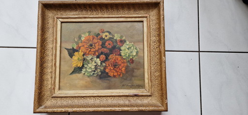 Fleurs en vase - Hortensias, Zinnias & Fleur d'or - Peintre D.M. Hoogeveen