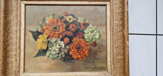 Image 1 of Fleurs en vase - Hortensias, Zinnias & Fleur d'or - Peintre D.M. Hoogeveen