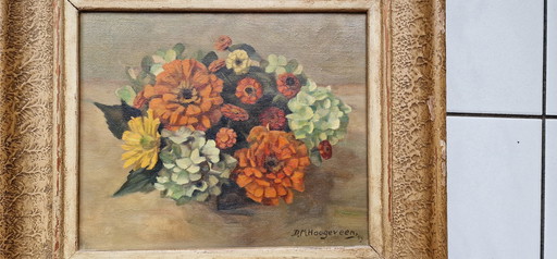 Fleurs en vase - Hortensias, Zinnias & Fleur d'or - Peintre D.M. Hoogeveen