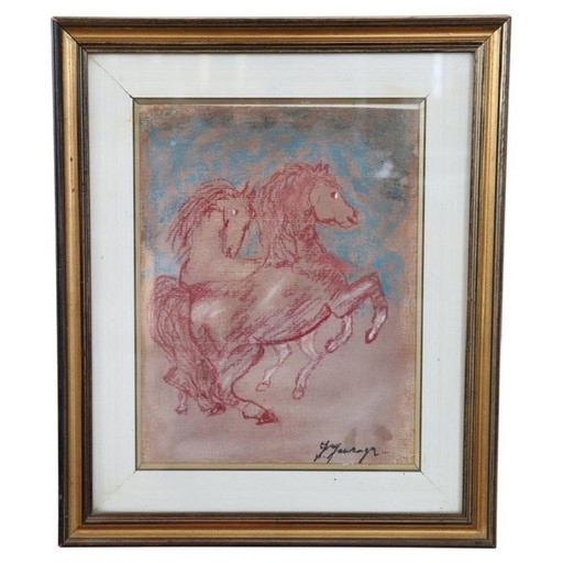 Chevaux, Crayon de couleur sur papier signé Gf. Gonzaga