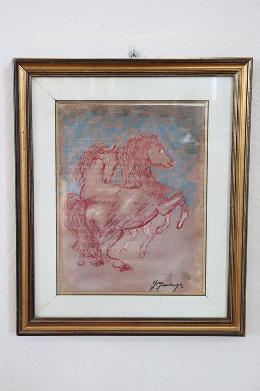 Chevaux, Crayon de couleur sur papier signé Gf. Gonzaga