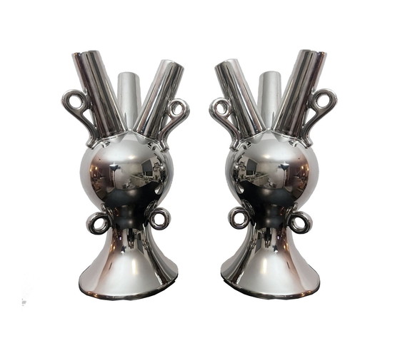 Image 1 of Grands Vases Vintage • Céramique Chromée • Xxl • 1990
