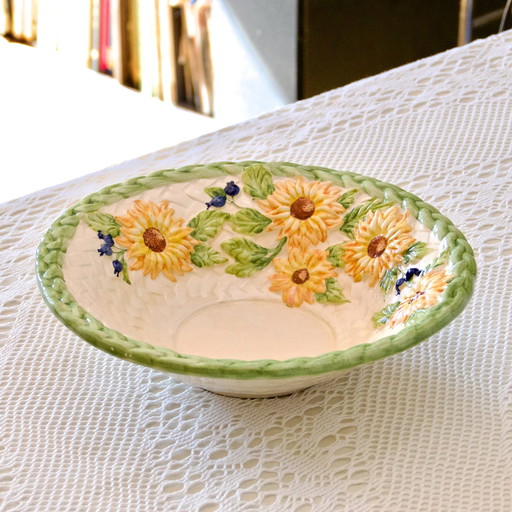 Grand Saladier / Coupe À Fruits Vintage En Barbotine Tournesol