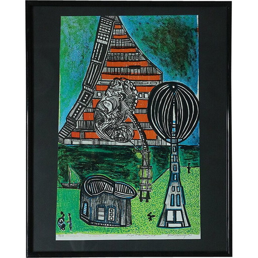 Lithographie couleur vintage House of Science de Paul Holsby, 1978