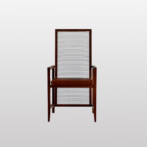 Image 1 of Ensemble de 8 fauteuils vintage en bois et sièges en cuir, Italie 1960
