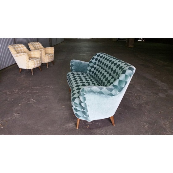 Image 1 of Canapé bleu turquoise à motifs de losanges - années 1950