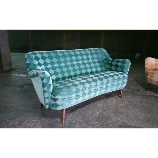 Canapé bleu turquoise à motifs de losanges - années 1950