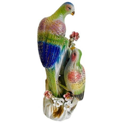 Vintage colourful XL sculpture pigeons porcelaine