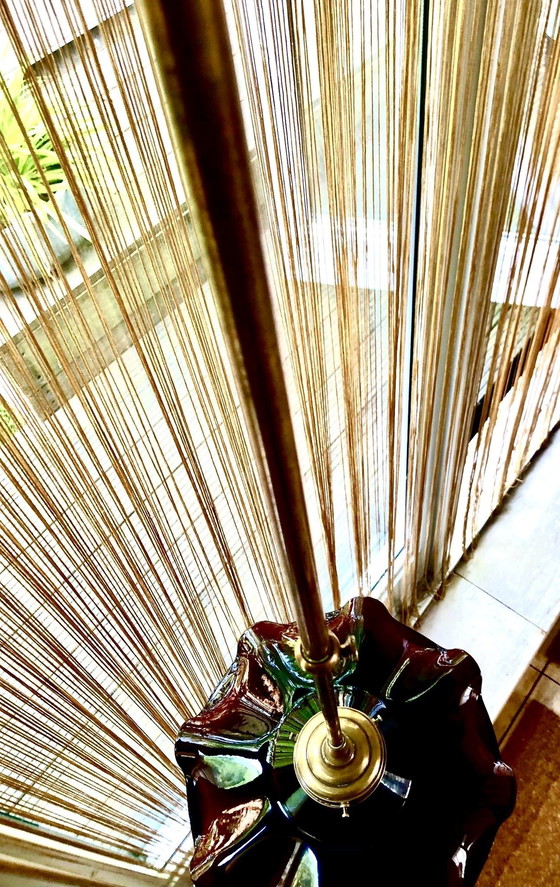 Image 1 of Lampe pendante vintage française émail ondulé brun avec cuivre