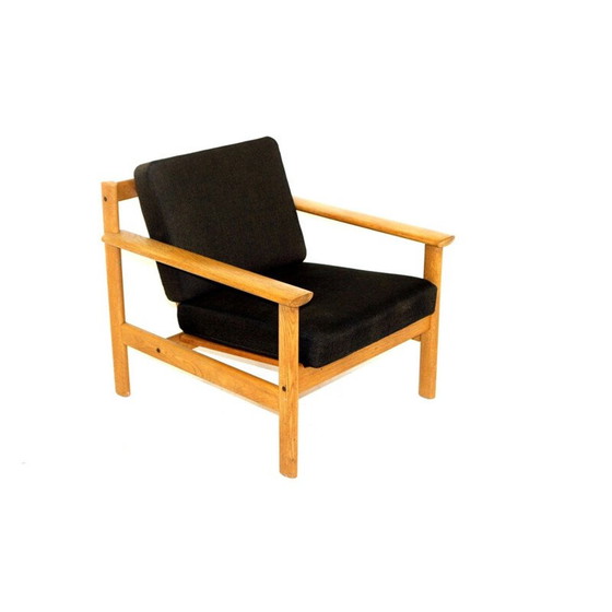 Image 1 of Fauteuil scandinave vintage en bois de chêne et tissu de coton noir, Suède 1960