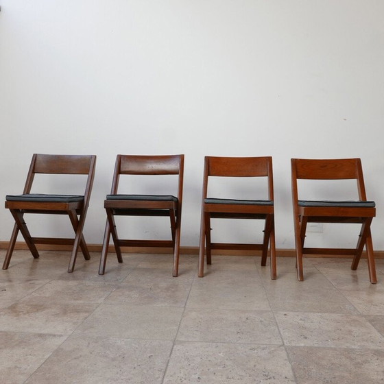 Image 1 of Ensemble de 4 chaises de bibliothèque vintage par Pierre Jeanneret, Inde 1960