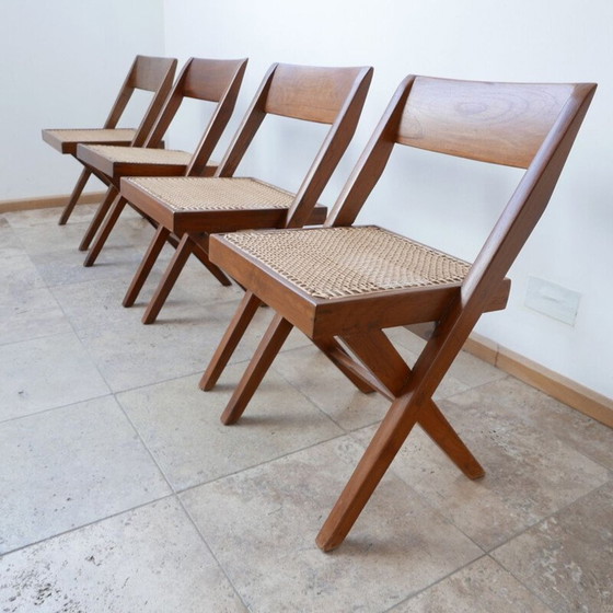 Image 1 of Ensemble de 4 chaises de bibliothèque vintage par Pierre Jeanneret, Inde 1960