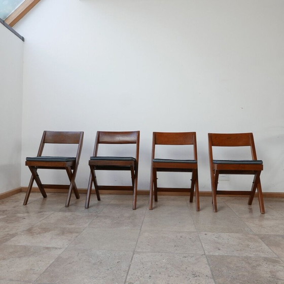 Image 1 of Ensemble de 4 chaises de bibliothèque vintage par Pierre Jeanneret, Inde 1960