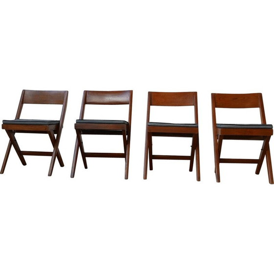 Image 1 of Ensemble de 4 chaises de bibliothèque vintage par Pierre Jeanneret, Inde 1960