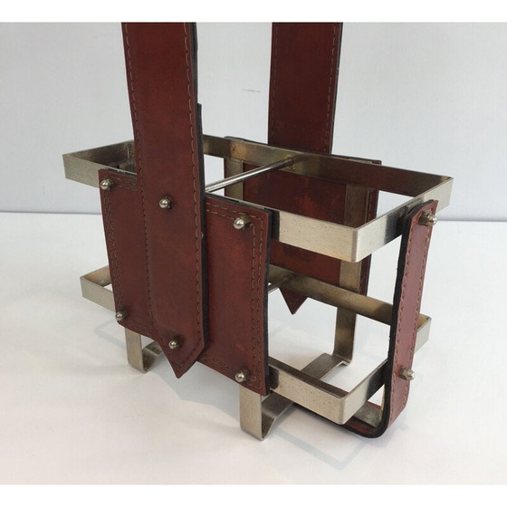 Image 1 of Porte-bouteille vintage en acier brossé et cuir