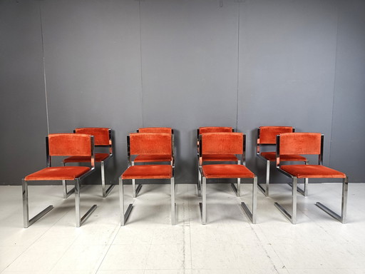 Chaises de salle à manger en porte-à-faux chromées, lot de 8, 1970S