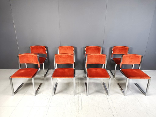 Chaises de salle à manger en porte-à-faux chromées, lot de 8, 1970S