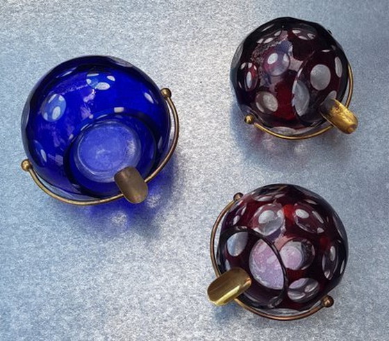 Image 1 of Vintage Oliv Cendriers en verre taillé avec laiton, 1960S, Set Of 3