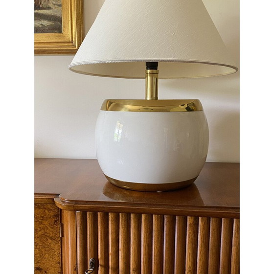 Image 1 of Pied de lampe vintage en céramique blanche et laiton, Italie 1970