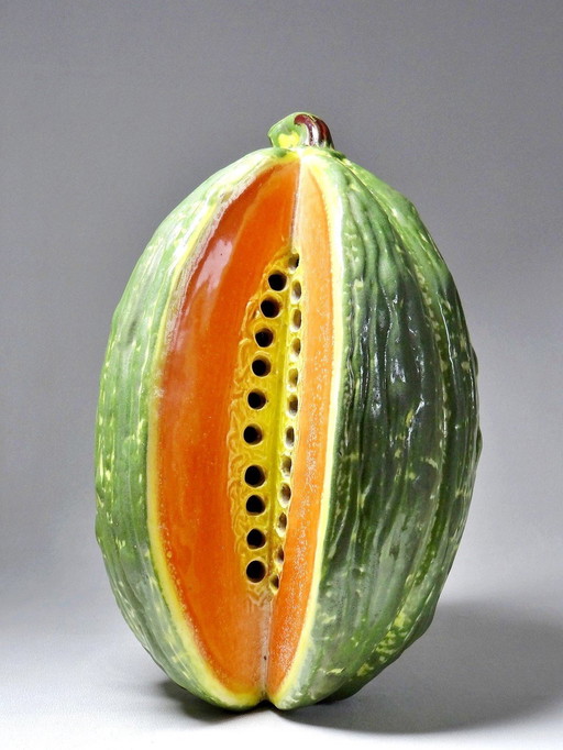 Grand trompe l'oeil melon/pastèque céramique ancien pique fleurs