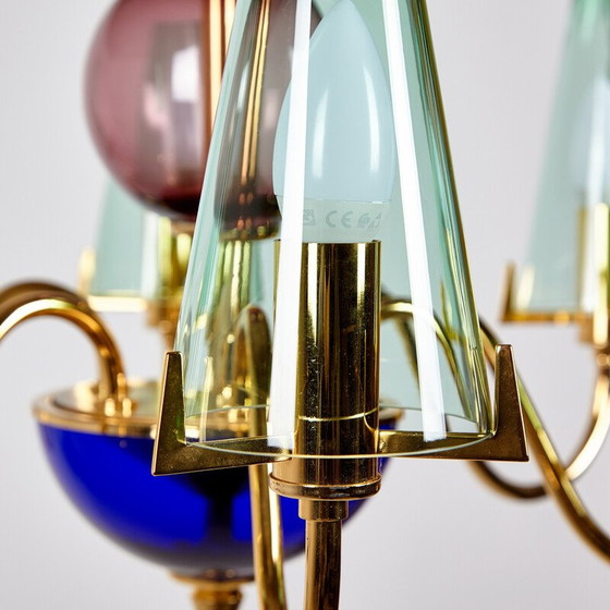 Image 1 of Lustre vintage en verre et laiton, Italie 1980
